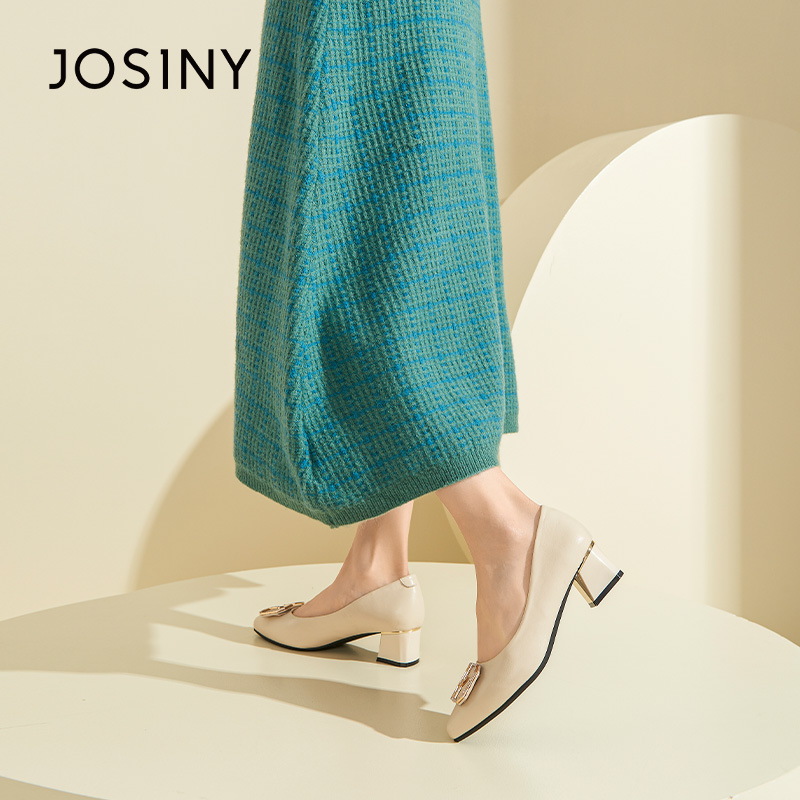 卓诗尼春秋季新款女士单鞋子尖头粗跟套脚一脚蹬时装玛丽珍鞋百搭