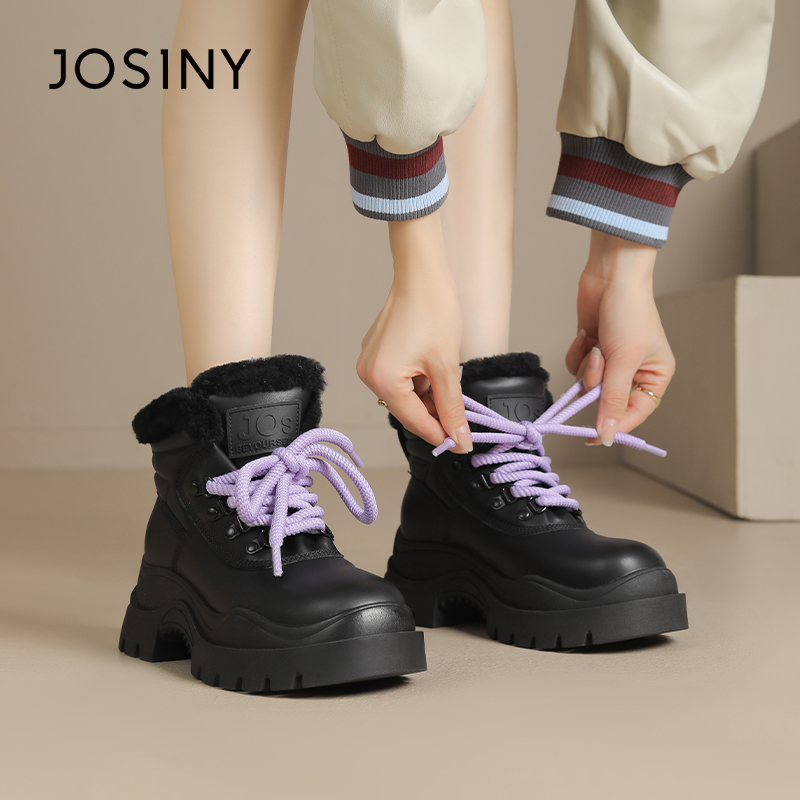 卓诗尼女鞋撤柜正品冬季新款厚底马丁靴女士真皮加绒保暖大棉鞋