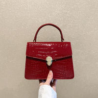 Genuine leather, patent leather, light luxury, shiny crocodile pattern snake head bag, organ bag, red wedding bag, hand-held shoulder, crossbody mom bag thumbnail 5