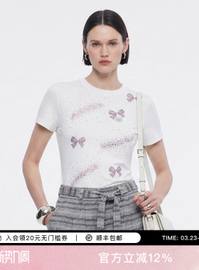 TCH26夏季新款蝴蝶结烫钻百搭白色修身圆领短袖T恤女T78A10E1052