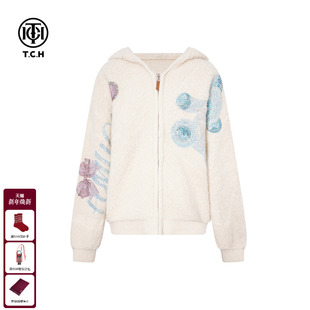 TCH25秋冬百搭时尚 烫钻休闲绵羊毛连帽拉链毛毛外套女T75D17E5001