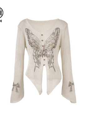 TCH私服烫钻蝴蝶V领时髦不规则针织衫女2025夏季新款T75A09E5058