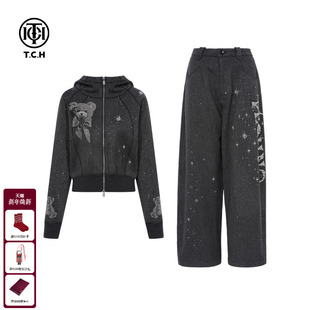 女T75D07E1025 短上衣套装 TCH私服25秋冬新款 氛围感烫钻休闲阔腿裤