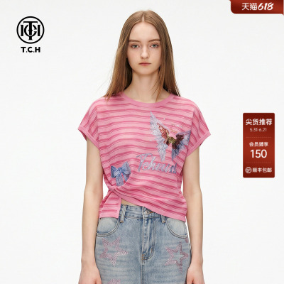 粉色少女烫钻圆领针织T恤女