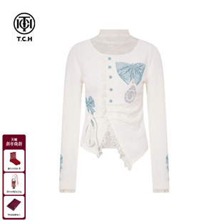 新款 女2025冬季 T75D09E1140 烫钻蕾丝半高领收腰显瘦针织衫 TCH时尚