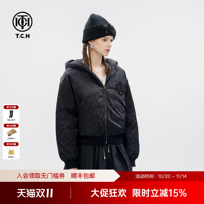 TCH潮牌满印烫钻美式休闲工装短款连帽羽绒服外套2024秋冬新款