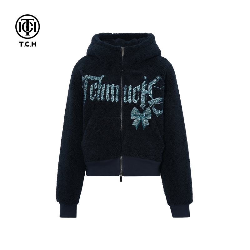 TCH私服烫钻时尚百搭保暖仿羊羔毛连帽外套25秋冬新款T75D27E1012