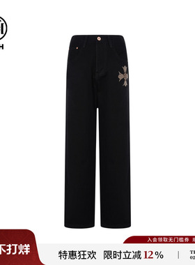 TCH轻奢烫钻黑色直筒宽松显瘦牛仔裤女潮牌休闲长裤男T75C20E5130