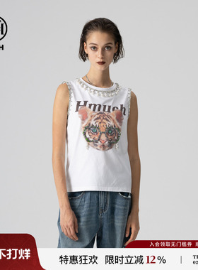 TCH秋季新款烫钻个性白色无袖背心T恤女夏外穿吊带T72B036012