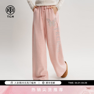 TCH浅粉藏诗粉蝴蝶烫钻卫裤 T75D20E1010 女加绒柔软氛围感阔腿裤