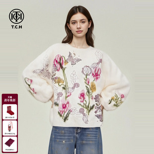 TCH轻奢含绵羊毛宽松灯笼袖 女T75D09E1331 重工祥云烫钻提花针织衫