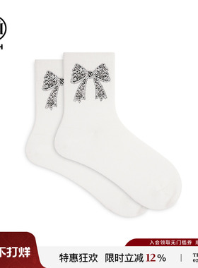TCH蝴蝶结烫钻米色休闲袜子女秋冬新款百搭纯棉中筒袜T75D55E1021