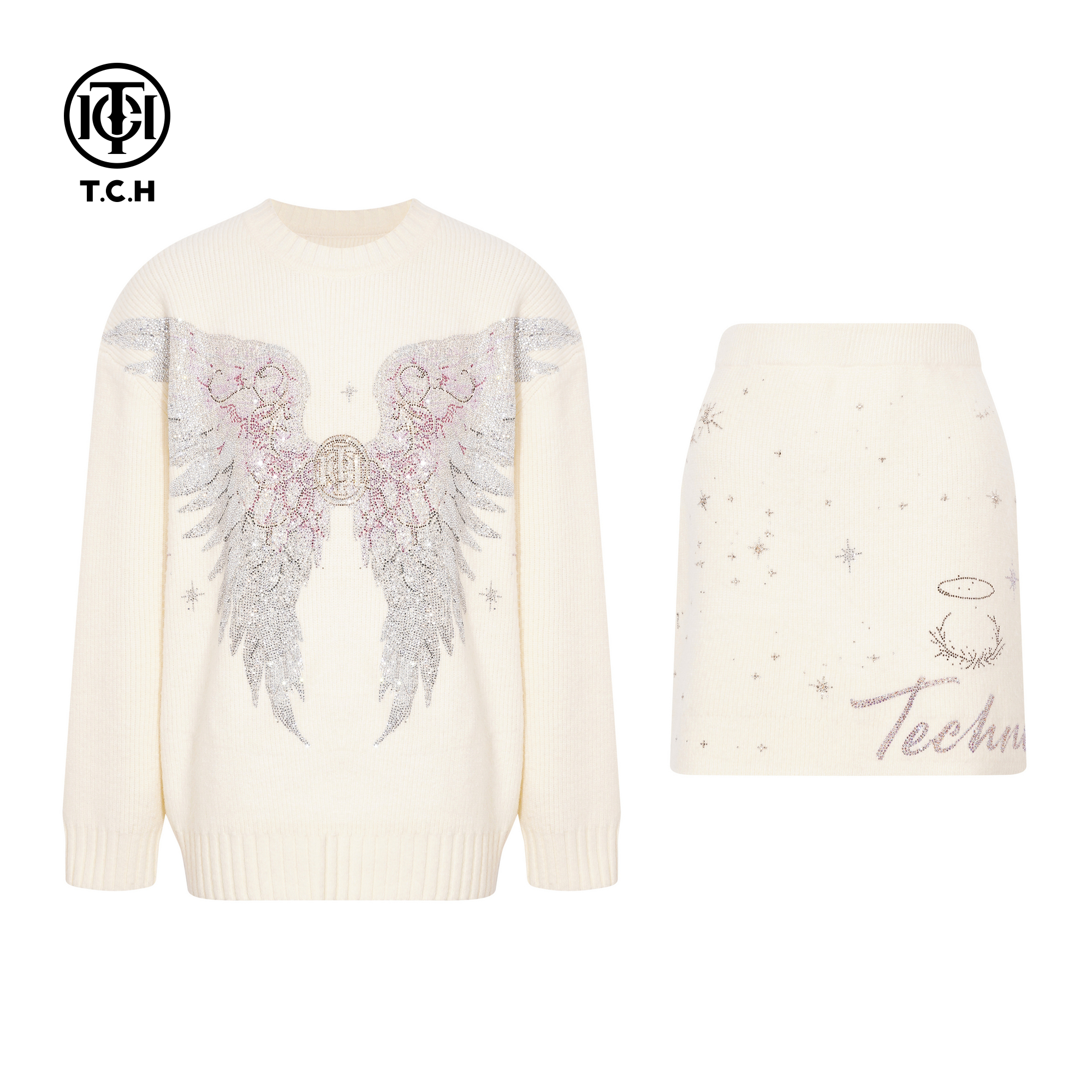 TCH烫钻气质百搭绵羊毛套头针织衫A字短裙女时尚套装T75D07E1065