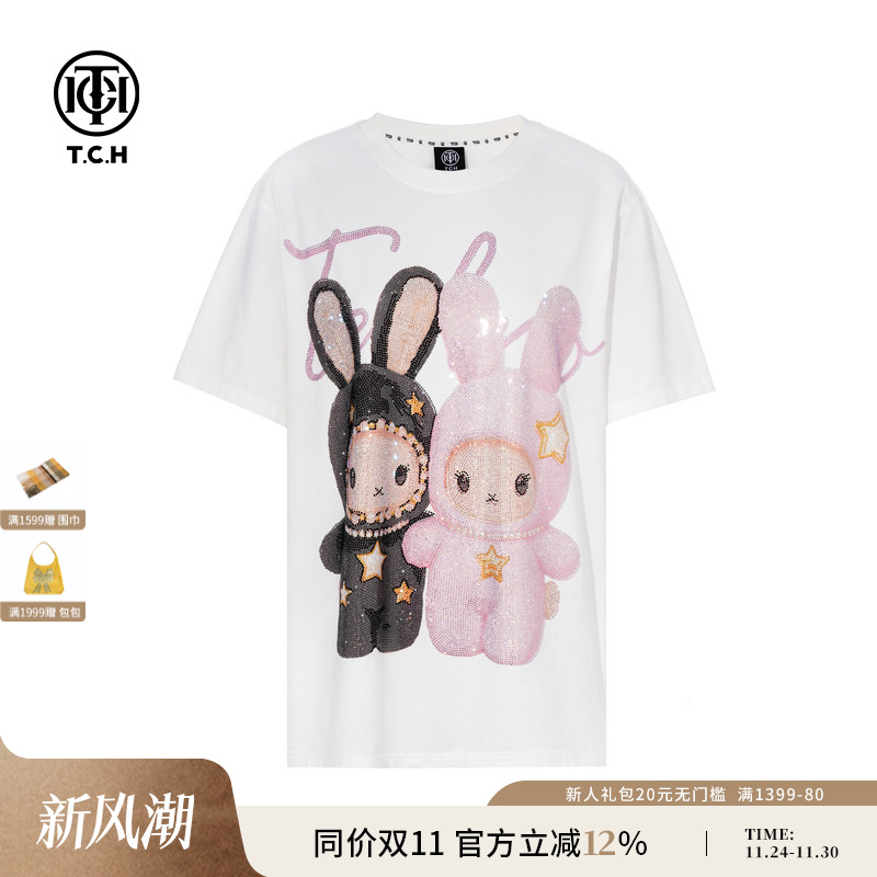 TCH轻奢重工卡通烫钻短袖T恤休闲宽松情侣半袖上衣潮T75C10E9051
