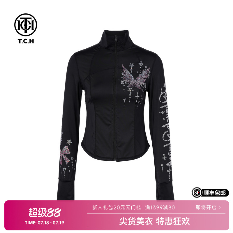 TCH轻奢烫钻时尚休闲黑色薄款长袖修身上衣外套女夏季T75B27E1013