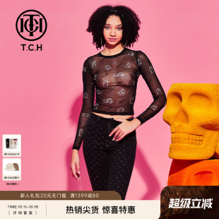 轻奢潮牌秋季 打底衫 新款 网纱长袖 T69D026007 烫钻修身 TCH