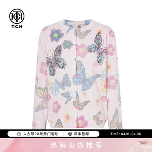 TCH百搭时尚 女2025冬季 新款 T75D43E5008 烫钻韩系印花粉色针织开衫