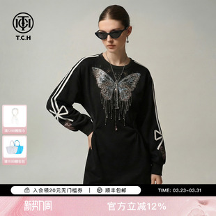 TCH时尚 连衣裙女T78A30E1006 潮牌蝴蝶烫钻减龄收腰显瘦黑色长袖