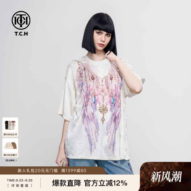 TCH新中式提花重工烫钻彩色翅膀时尚宽松短袖T恤2025夏季新款