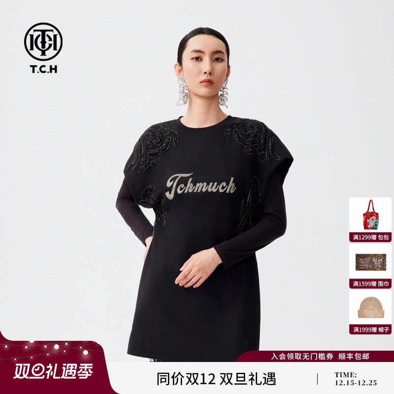 TCH2024秋季新款烫钻宽肩无袖连衣裙女宽松休闲T恤裙夏T72C306002