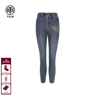 新款 TCH百搭时尚 女2025冬季 牛仔裤 T75D20E1223 烫钻复古高腰修身