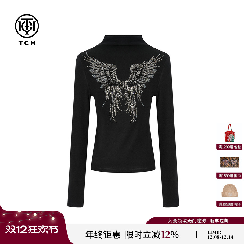 TCH私服翅膀烫钻时尚修身显瘦半高领黑色打底衫上衣女T75C02E1006