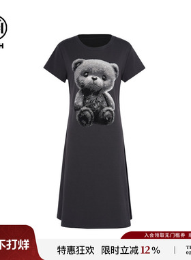 TCH时尚潮牌灰色小熊烫钻修身长款T恤裙连衣裙25夏季T75A30E1017