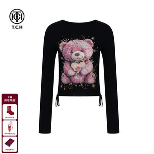 T恤女2025秋冬新款 长袖 T75C08E9028 小熊烫钻收腰修身 TCH轻奢时尚