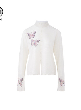 TCH私服潮牌烫钻蝴蝶白色高领针织衫秋冬新款T72C09E5166