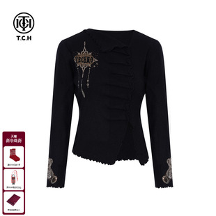 新款 女25冬季 T75D09E1113 设计感黑色打底针织衫 TCH私服烫钻时尚