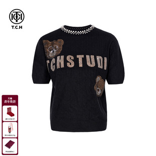 新款 TCH时尚 上衣女2025冬季 针织衫 T75D09E1211 烫钻设计感黑色短袖