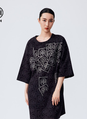 TCH潮牌休闲连衣裙夏落肩街头宽松T恤裙女2025夏季新款T72C306068