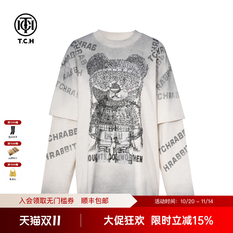TCH美式复古重磅烫钻高街圆领长袖T恤男2025秋季新款T75C08E5007
