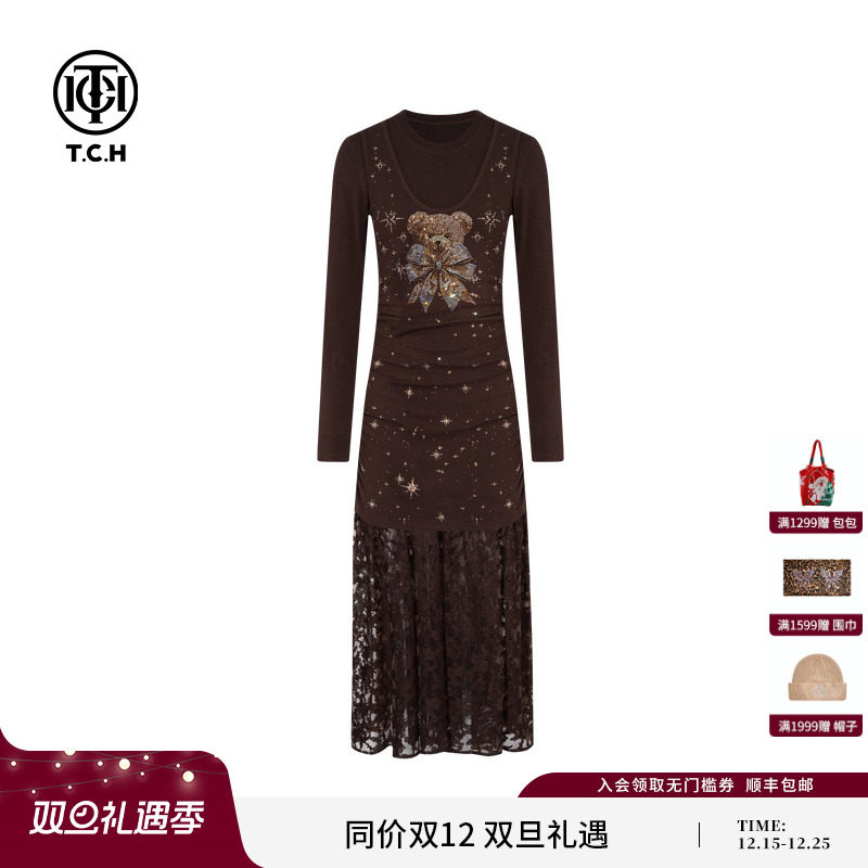 TCH私服烫钻早秋复古气质修身长袖蕾丝拼接连衣裙女T75C30E1091