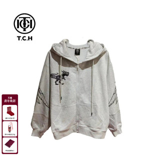 T72A17E6001 2025新款 TCH秋季 恐龙字母翅膀烫钻连帽灰色外套拉链衫