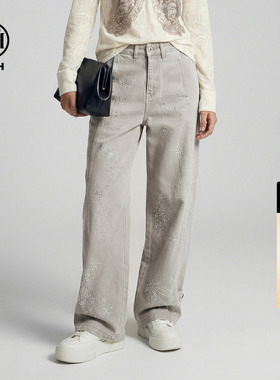 TCH百搭时尚烫钻星芒卡其色休闲直筒显瘦阔腿牛仔裤女T78A20E1119