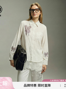 TCH26春款时尚小熊烫钻白色休闲风宽松翻领衬衫上衣女T78A13E5005