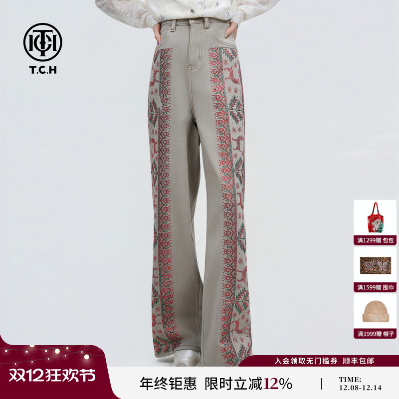 TCH圣诞树小鹿烫钻过新年款加绒直筒显瘦阔腿牛仔裤女T75D20E5030