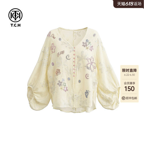 TCH烫钻V领灯笼袖女衬衫夏季