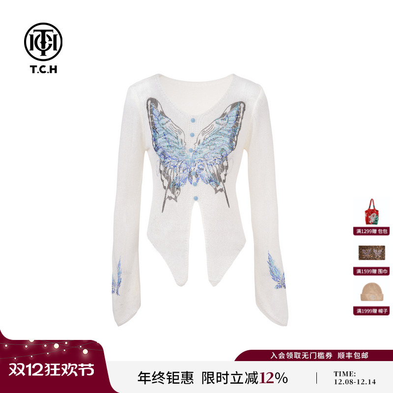 TCH 私服烫钻蝴蝶V领时髦不规则针织衫女2025夏季新款T75A09E5057
