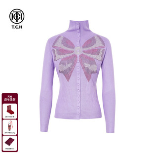 烫钻紫色高领针织开衫 百搭时尚 上衣女T75D43E1049 新款 TCH2025冬季
