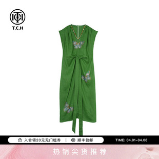 TCH烫钻设计感无袖 休闲百搭V领亚麻连衣裙女T75B30E5078 时尚