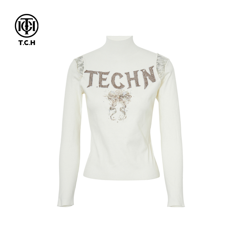 TCH私服25秋冬慵懒烫钻时尚修身高领米色打底针织衫女T75D09E1061