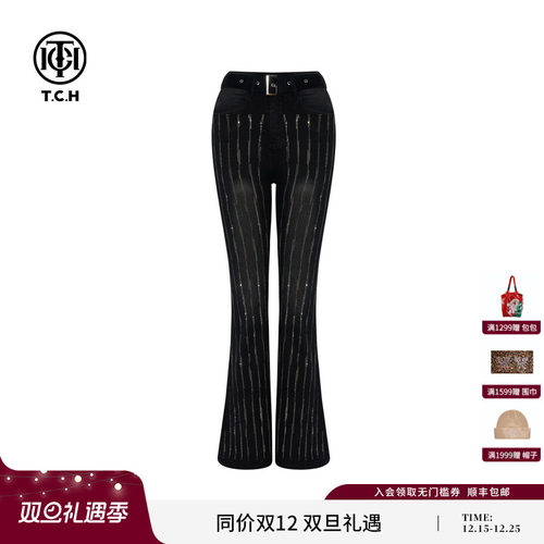 TCH私服烫钻25秋冬新款黑色修身显瘦微喇薄绒牛仔裤女T75D20E1008