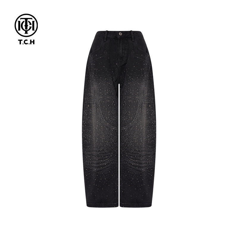 TCH潮流时尚烫钻满天星黑色弯刀阔腿牛仔裤女秋冬新款T75D20E1146