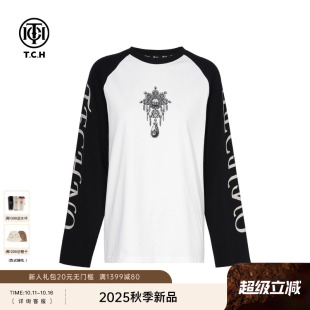 T75C08E9005 新款 TCH轻奢重工烫钻潮牌黑白拼接圆领长袖 T恤25秋季