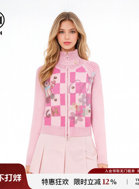 TCH少女粉学院风格子小熊烫钻双拉链针织开衫女秋冬款T75D43E1059