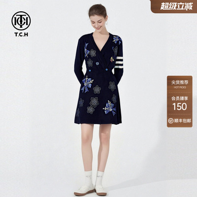 TCH烫钻蝴蝶结繁花气质V领收腰中长款长袖连衣裙女T78A30E1021