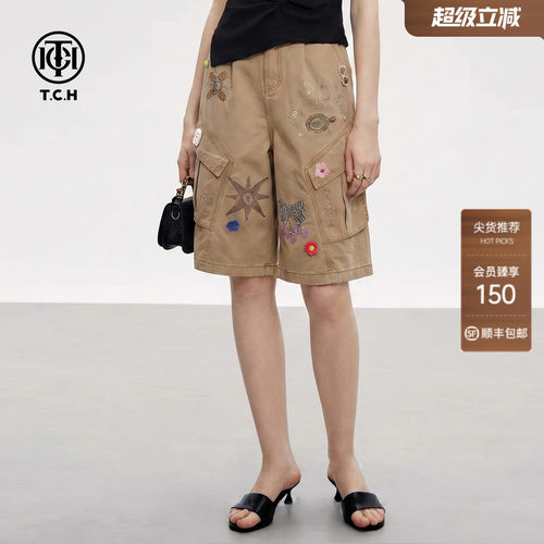 TCH烫钻卡通牛仔短裤女2026夏新款卡其色高腰宽松工装休闲五分裤