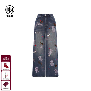 女T75D20E1260 加绒烫钻小熊慵懒牛仔蓝阔腿牛仔裤 TCH2025冬季 新款
